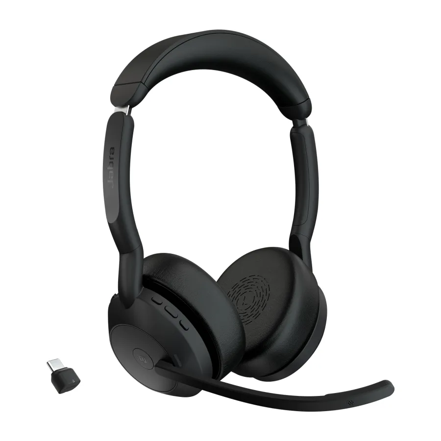 Jabra Evolve2 55 audífonos inalámbricos tipo diadema estéreo con adaptador Bluetooth Link 390c, cancelación activa de ruido y certificación para MS