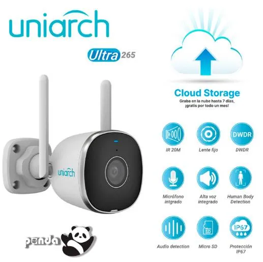 Cámara IP Bala Wifi Uniarch (Uho-B2R-M2F3) 2MP / Lente Fijo de 2.8mm / IR 20M / MicroSD 128GB / Micrófono + Altavoz / Human Body Detection / IP67