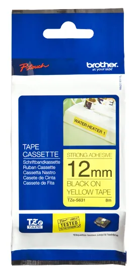 Etiqueta amarilla continua laminada con adhesivo super resistente Brother TZES631, de 12 mm de ancho x 8 mts de largo. 