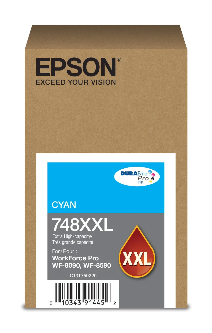 Cartucho de Tinta Cian  Epson T748XXL220-AL, Extra Alta, Rendimiento promedio de 7,000 Pag, Capacidad de 69ML, Compatible para WorkForce Pro WF-6590 y Work